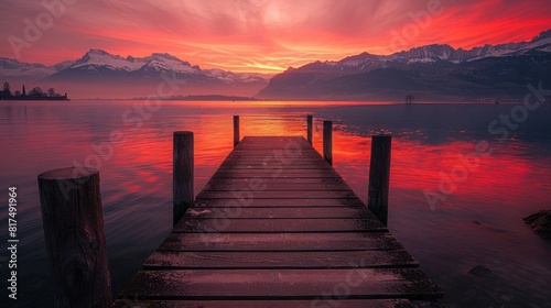 A beautiful red sunset over the lake with an old wooden dock  a beautiful landscape of Switzerland mountains in the background  a perfect symmetrical photo  dreamy.