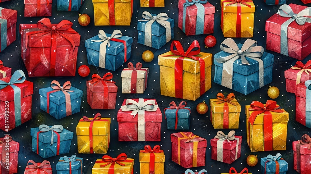 Colorful gift boxes with ribbons background, seamless pattern
