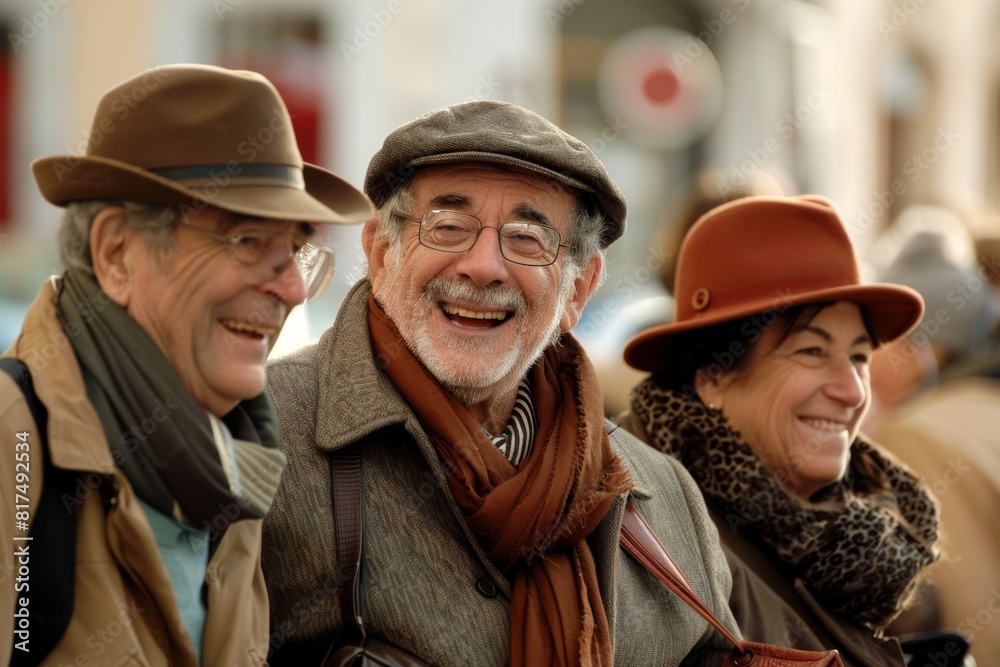 Portrait of happy senior men and women walking in city street. Portrait of happy senior men and women walking in city street.