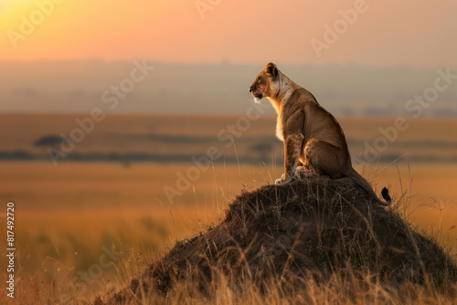 A lone lion surveying the landscape for prey on the savannah grasslands from atop a termite mound at dusk  embodying the solitude of the predator. Generative AI