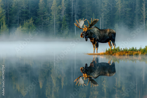 A moose standing by a misty coast of the lake in the early morning  its reflection perfectly mirrored in the still water a moment of awe-inspiring power and grace. Generative AI