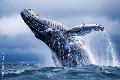 A massive blue whale breaching the ocean surface seawater splashes, a moment of awe-inspiring power and grace. Generative AI