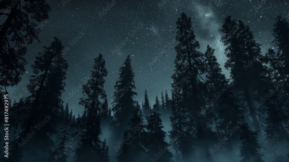 A dense forest under a night sky, with tall, dark trees silhouetted ...