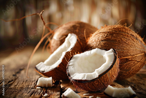 Fresh coconut on the wooden table.