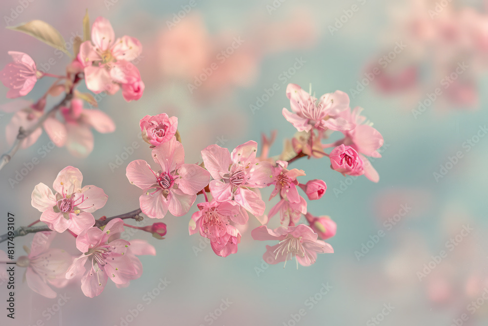 Ethereal cherry blossoms against a clear spring sky, with petals fluttering in the breeze, beautiful nature spring background with a branch of blooming sakura. Generative AI Ethereal cherry blossoms against a clear spring sky, with petals fluttering in the breeze, beautiful nature spring background with a branch of blooming sakura. Generative AI