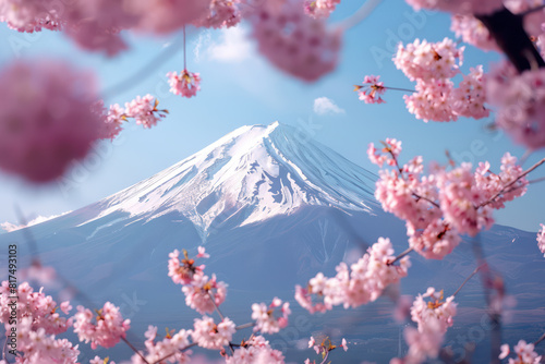 Mount Fuji with cherry blossoms in the foreground, Japan, springtime beauty, serene and iconic, beautiful nature spring background with a branch of blooming sakura. Generative AI