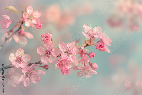 Ethereal cherry blossoms against a clear spring sky, with petals fluttering in the breeze, beautiful nature spring background with a branch of blooming sakura. Generative AI