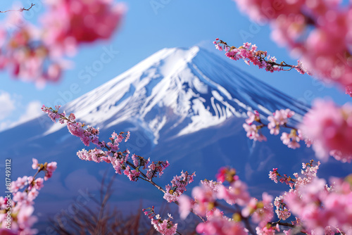 Mount Fuji with cherry blossoms in the foreground, Japan, springtime beauty, serene and iconic, beautiful nature spring background with a branch of blooming sakura. Generative AI