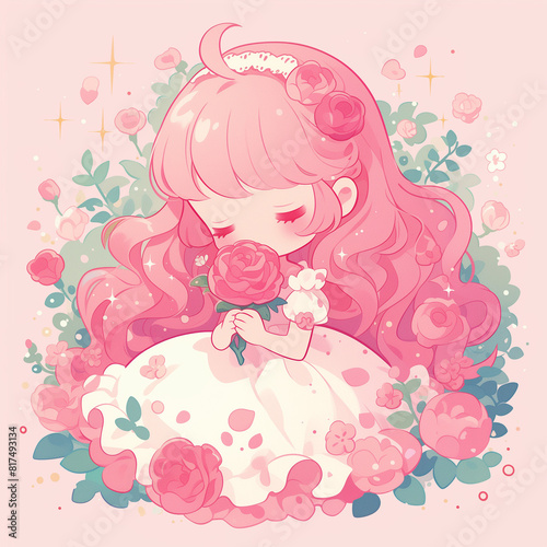 kawaii illustration of a young girl holding a red rose, chibi illustration, cute drawing of an anime girl in a garden, rose garden