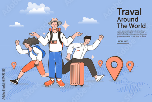 Man and woman traveler with suitcase on color background. concept travel and tourism. Summer holiday planning. Trip planning. Online booking service.