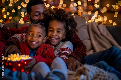 A family of four, consisting of parents and two children, sitting on a comfortable couch in a living room. They are engrossed in watching a festive Christmas movie on television