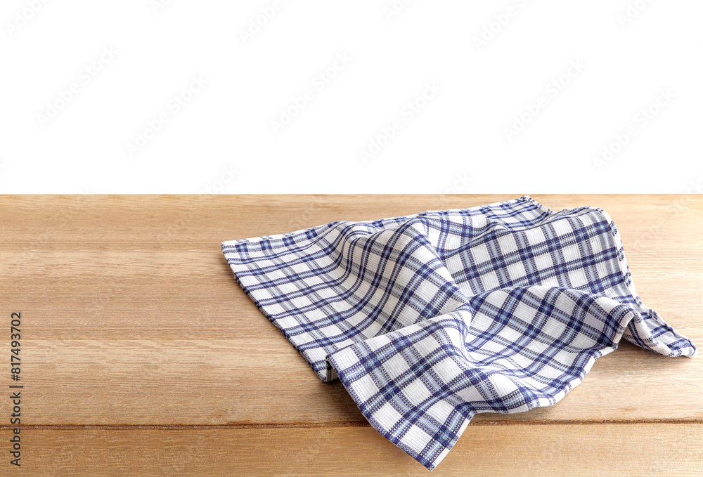 Empty wooden table with checkered tablecloth on white background with clipping path. Mock up for display of product.