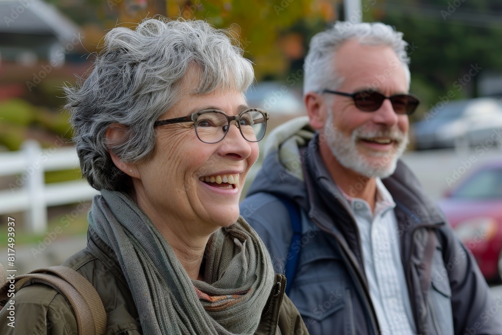 Portrait of a happy senior couple walking in the street on an autumn day Portrait of a happy senior couple walking in the street on an autumn day