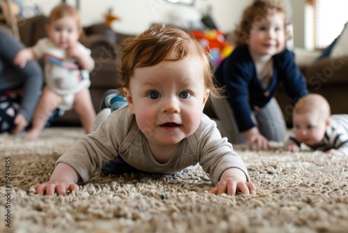 Several babies are crawling on a carpet in a living room