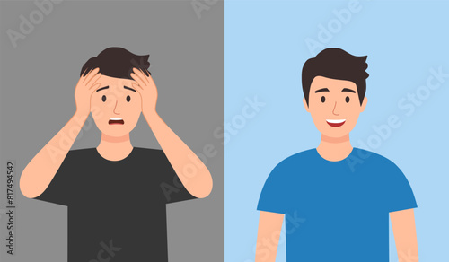 Man in sad and happy mood in flat design. Positive and negative thinking. Mental health care concept.