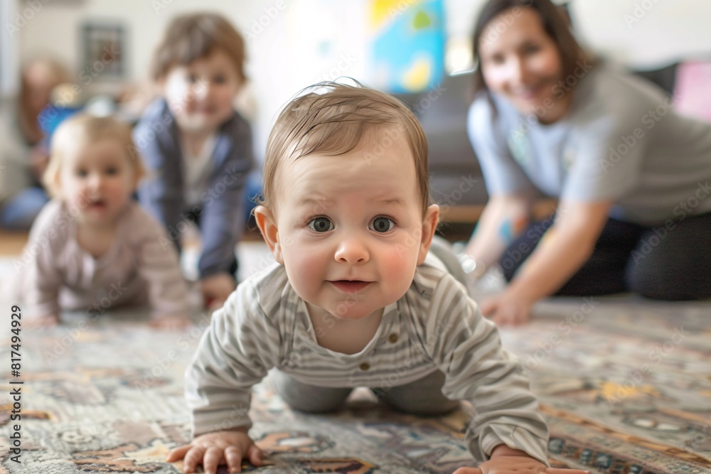 Several babies are crawling on a colorful rug in a cozy living room, exploring their surroundings and interacting with each other Several babies are crawling on a colorful rug in a cozy living room, exploring their surroundings and interacting with each other