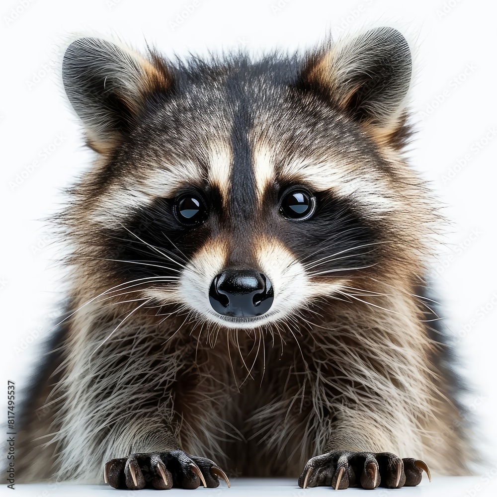 Close-up capture of a raccoon's detailed features, sharply contrasted against a white background, emphasizing its natural beauty and unique, Generative AI 