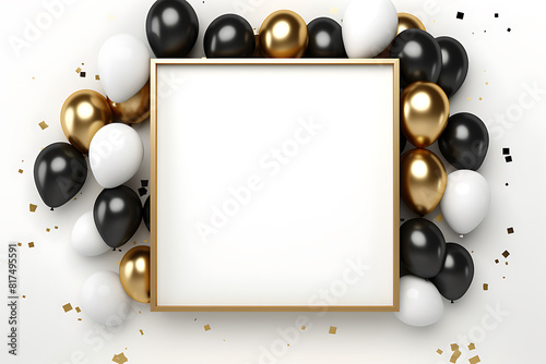 Birthday balloons with copy space for text. Anniversary, party celebration template background. Black and gold colors with white square board. AI generated