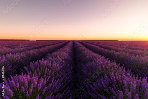 A field of lavender under a clear sunset sky  the rows creating a purple haze that fades into the horizon. 32k  full ultra HD  high resolution