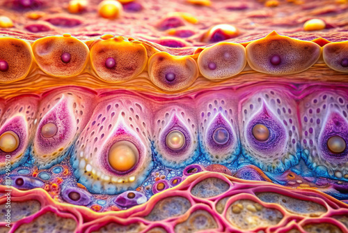 Extreme close-up of human epidermis showcasing keratinocytes and melanocytes, emphasizing skin organs photo
