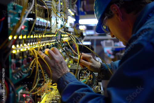 Electronics specialist wiring complex circuitry for vehicle control modules.
