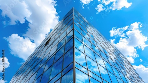 A glass building with blue sky and clouds in the background. A modern office or business center facade. Realistic photo of architecture exterior