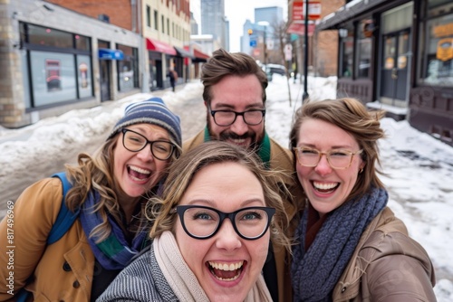 Group of friends having fun on a snowy winter day in the city