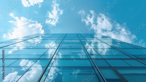 A glass building with blue sky and clouds in the background. A modern office or business center facade. Realistic photo of architecture exterior