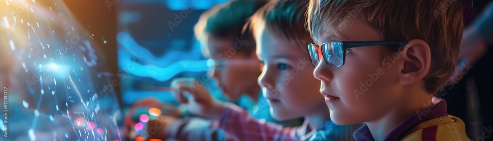 A group of children programming robots in a STEM class, focus on, education theme, vibrant, Composite, a high-tech lab as backdrop A group of children programming robots in a STEM class, focus on, education theme, vibrant, Composite, a high-tech lab as backdrop