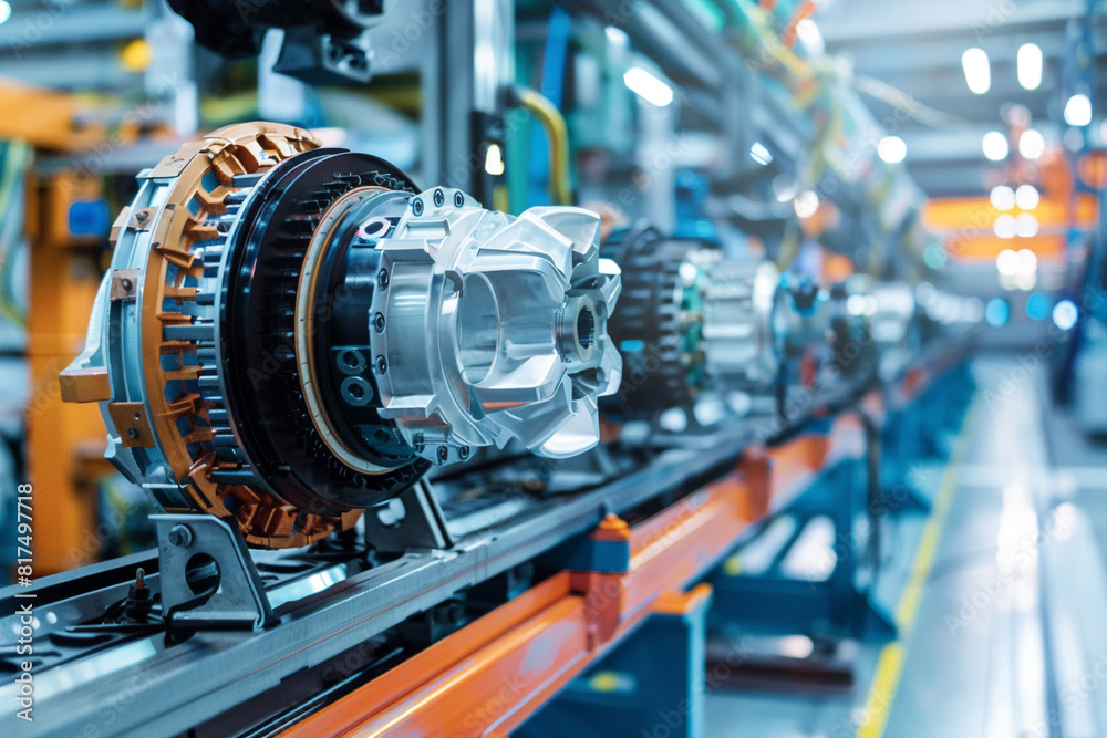 Precision engineer aligning electric motor components in a high-tech assembly line. Precision engineer aligning electric motor components in a high-tech assembly line.