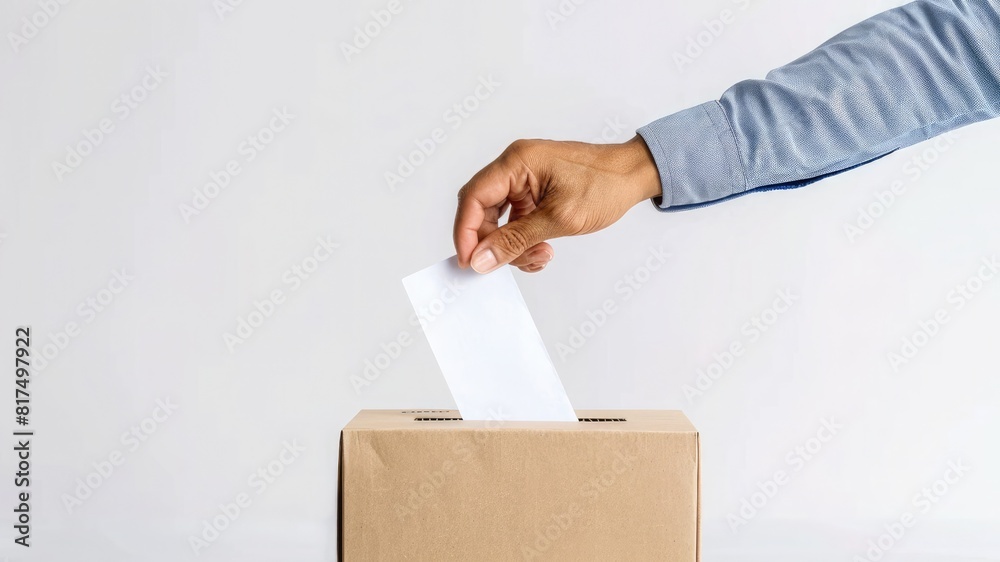 A hand casting a ballot into a box on a white background with copy space, ideal for election, voting, and democracy-themed designs, emphasizing civic engagement and participation. A hand casting a ballot into a box on a white background with copy space, ideal for election, voting, and democracy-themed designs, emphasizing civic engagement and participation.