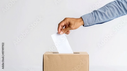 A hand casting a ballot into a box on a white background with copy space, ideal for election, voting, and democracy-themed designs, emphasizing civic engagement and participation. photo