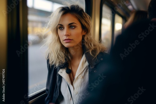 businesswoman looking through window while traveling in tram