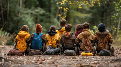 Group of disabled people in wheelchairs doing outdoor activities together