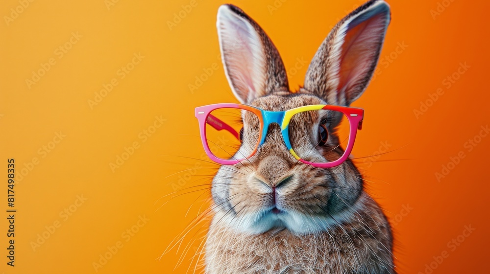 A detailed photo of a stylishly dressed rabbit wearing colorful glasses A detailed photo of a stylishly dressed rabbit wearing colorful glasses