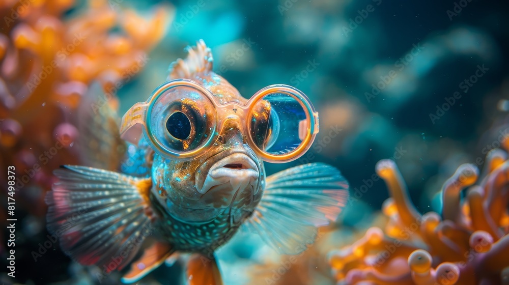 A detailed photo of a fashionable fish wearing colorful glasses A detailed photo of a fashionable fish wearing colorful glasses