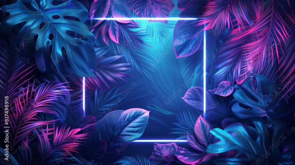 neon background with tropical leaves, using a color scheme of blue and turquoise