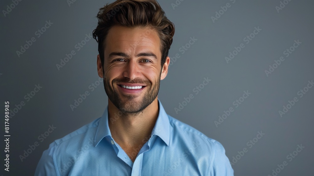 Confident Professional: Handsome Smiling Businessman in Blue Shirt isolated on gray background Confident Professional: Handsome Smiling Businessman in Blue Shirt isolated on gray background