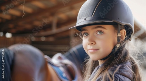 pretty teen girl in helmet for riding in stable with horse. banner and copy space.