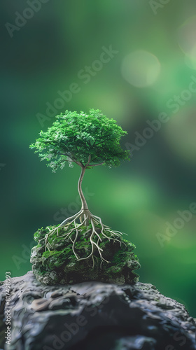 Small tree growing on rocks surrounded by green moss