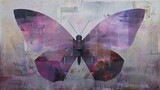 Abstract purple butterfly artwork with geometric patterns and textured background
