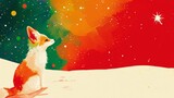 Illustration of a fennec fox gazing at the starry sky with colorful background