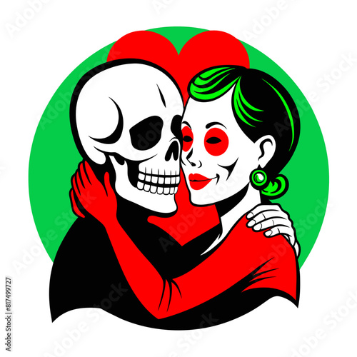 illustration of a skeleton couple deeply in love, embracing each other amidst a backdrop of swirling hearts, symbolizing eternal romance © amanmalik