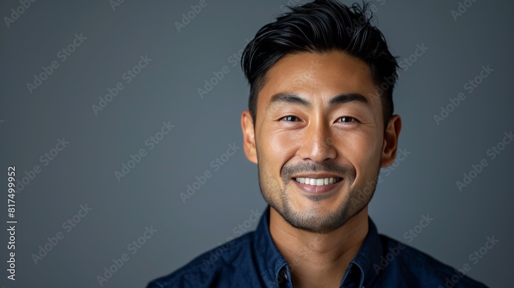 Fototapeta premium Confident Professional: Handsome Smiling Businessman in Blue Shirt isolated on gray background