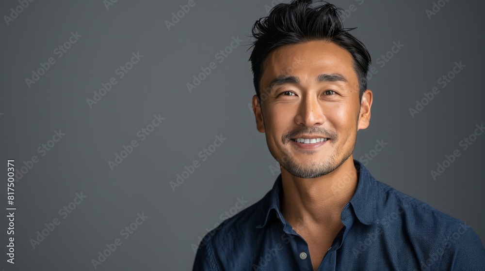 Fototapeta premium Confident Professional: Handsome Smiling Businessman in Blue Shirt isolated on gray background