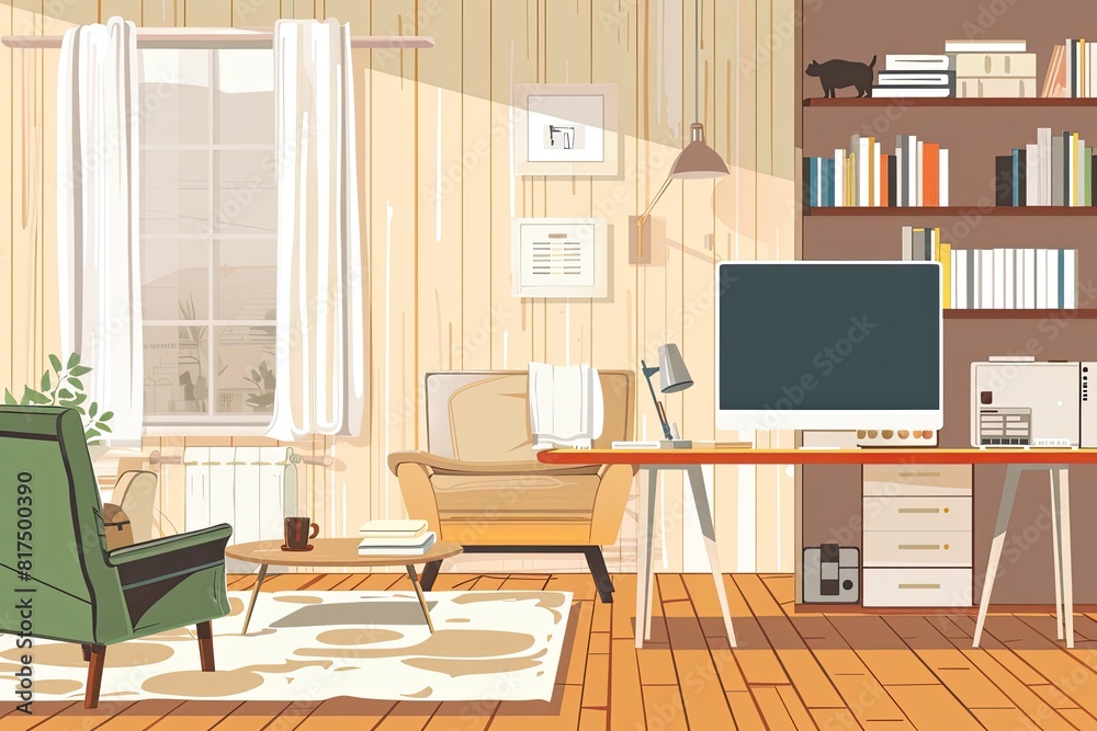 Image of domestic room with modern furniture and table with computer at home flat Vector Illustration Image of domestic room with modern furniture and table with computer at home flat Vector Illustration
