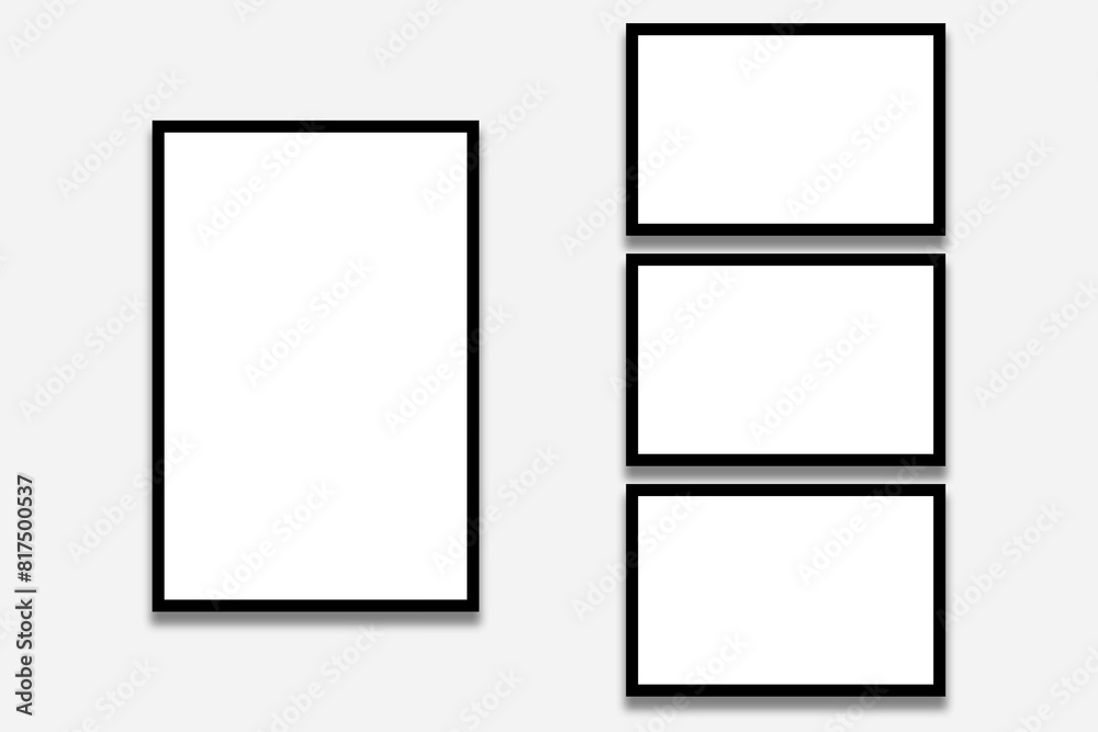 4 Blank rectangle photo frames template in a creative clean layout with black borders. Used as a printable photo collage design or a mockup for album pictures or photographs in a gallery wall style. 4 Blank rectangle photo frames template in a creative clean layout with black borders. Used as a printable photo collage design or a mockup for album pictures or photographs in a gallery wall style.