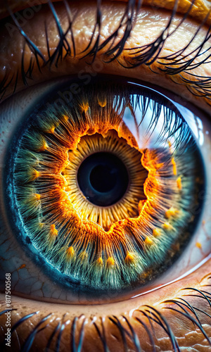 An intense macro shot of the human eye, highlighting its iris, pupil, and intricate patterns of the retina.