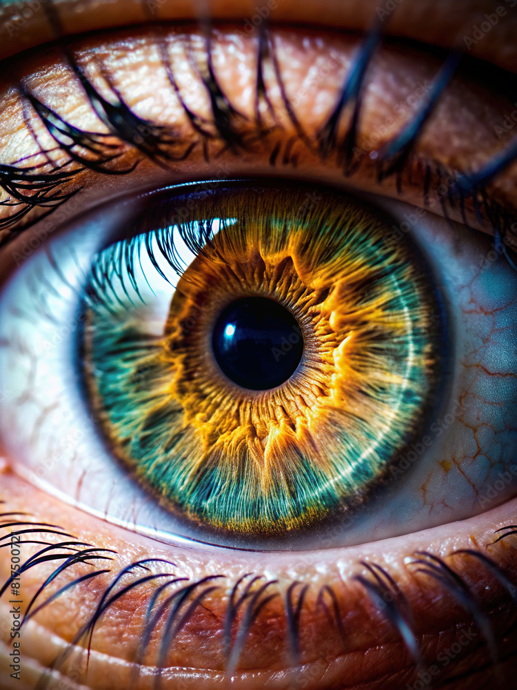 Detailed close-up of a human eye, showcasing the intricate patterns of the iris and the reflections in the cornea.