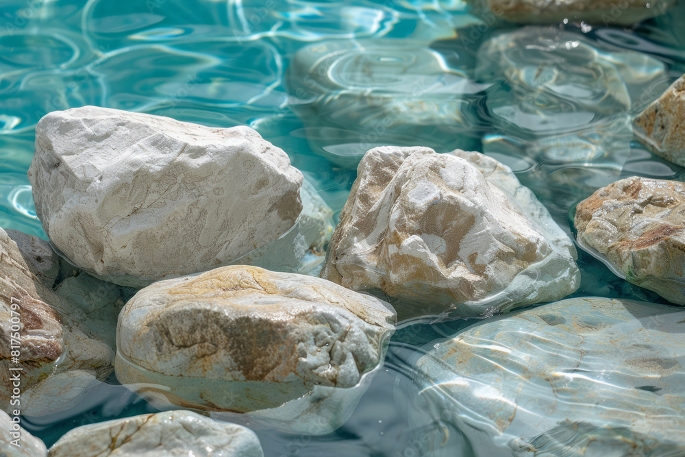 Close-up view of rocks in a swimming pool, depicted in soft and rounded forms, with a light teal and light white color scheme, embodying simplicity. Close-up view of rocks in a swimming pool, depicted in soft and rounded forms, with a light teal and light white color scheme, embodying simplicity.